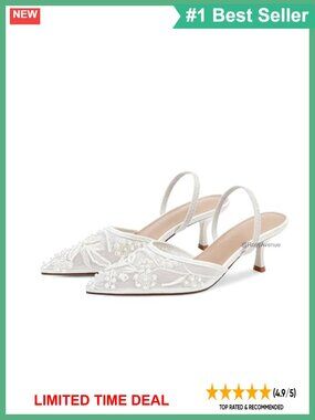 Embroidered Mesh Kitten Heels Pointed Toe Slingback Pearl Sandals for Weddings